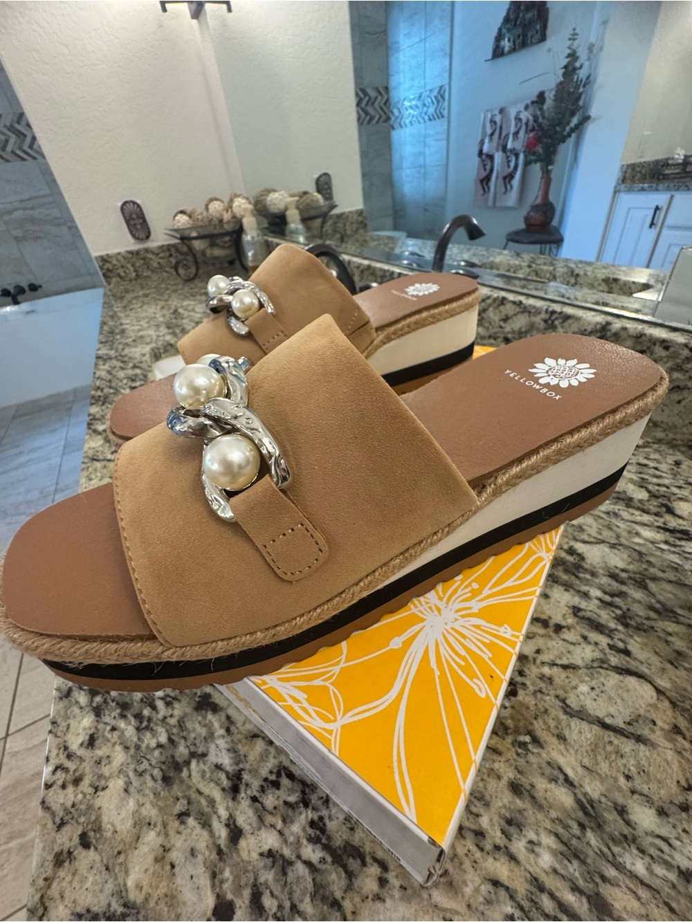 Yellow Box Tan Pearl-Embellished Slide Sandals